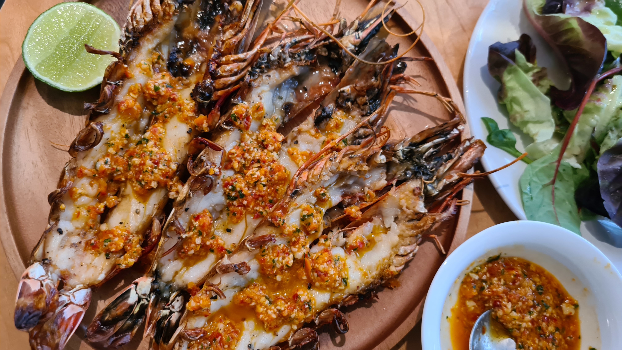 Giant black tiger prawns with red pepper chilli pesto