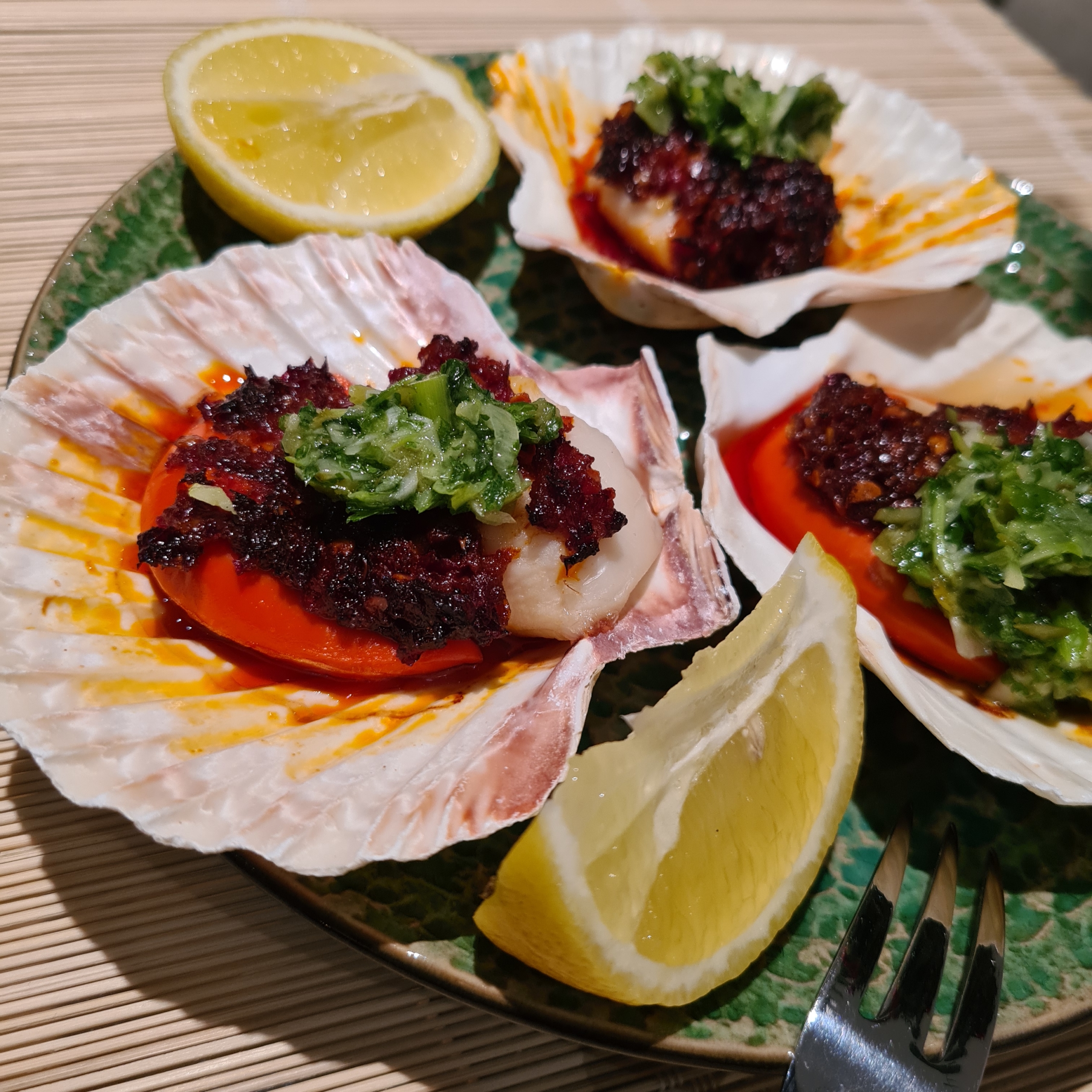 Scallops, Nduja, Green Salsa