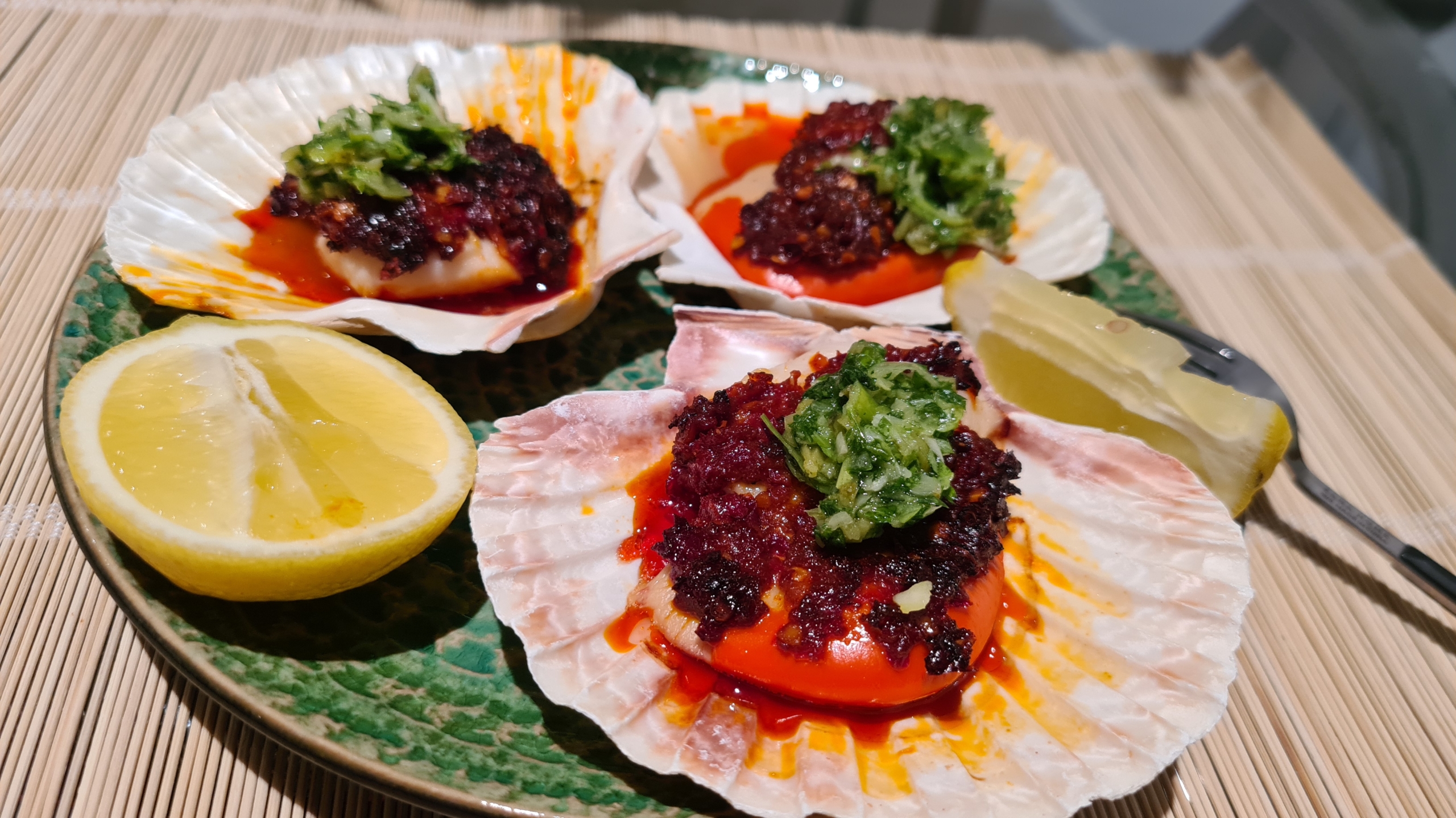 Scottish King Scallops with Nduja and Green Salsa